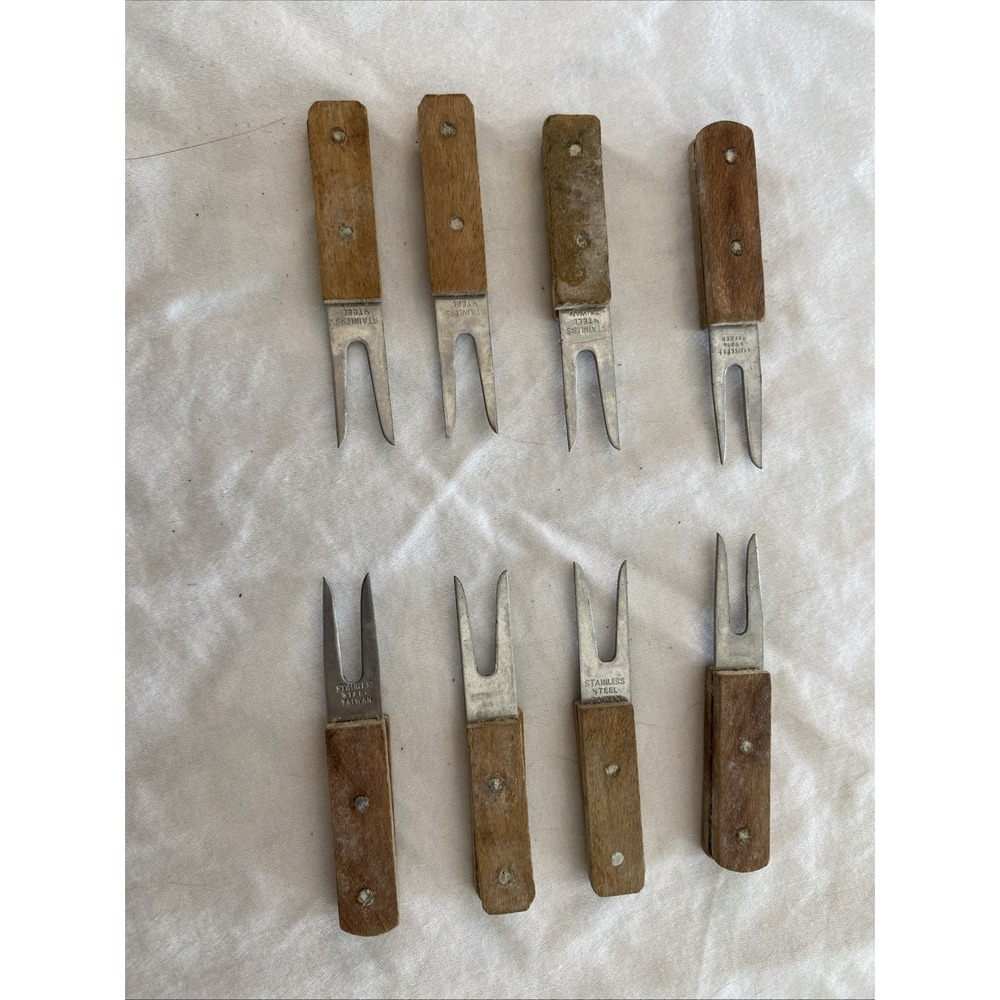 Vintage Corn On The Cob Holders Skewers SS Taiwan Wooden Handles Set of 4